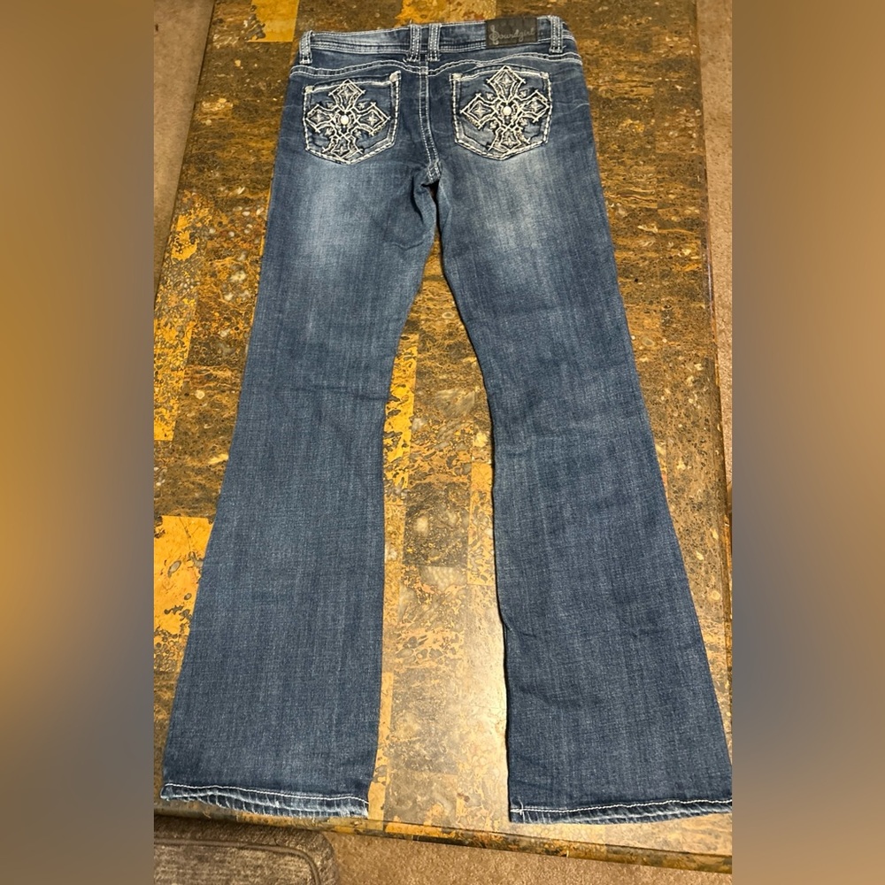Soundgirl Dark Wash Blue Jeans Denim Women's Size 11 Bling Cross Pockets Bootcut